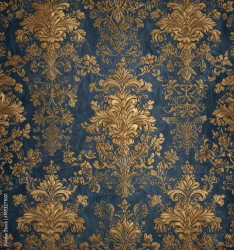 Intricate gold & blue damask floral wallpaper  Seamless pattern , ornate, repeating, gold