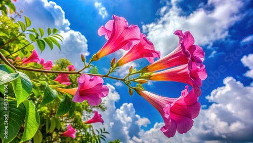 Vibrant pink trumpet-shaped flower blooms on a green branch against a bright blue sky with fluffy white clouds , garden in bloom, nature