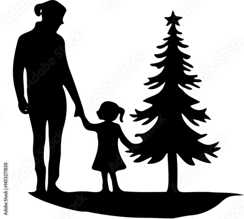 a father holding hands with his daughter beside a christmas tree