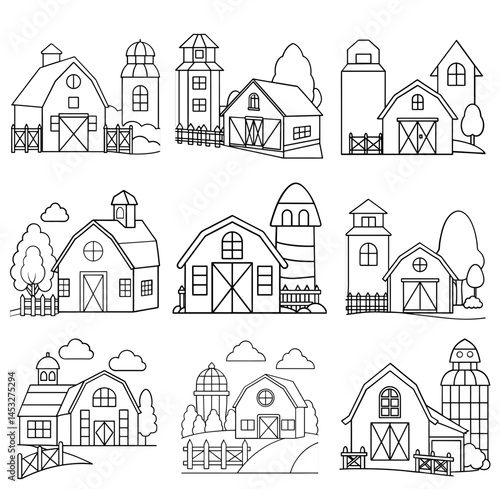 Farm house, barn coloring page for kids. Summer landcape vector illustration