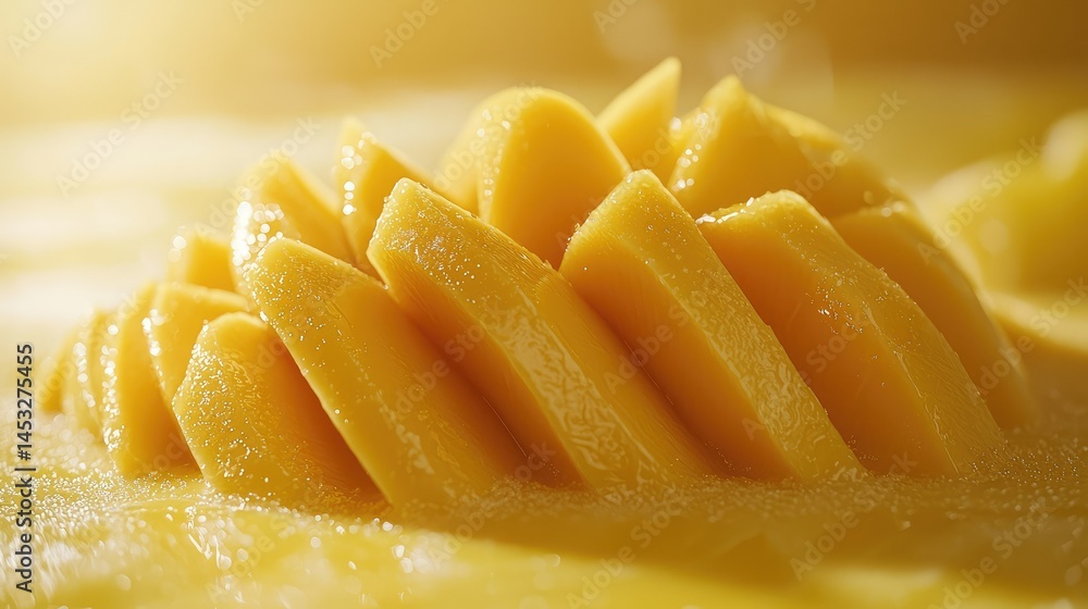 Freshly sliced mango pieces. Close-up view of vibrant yellow mango slices, glistening with juice, arranged in a decorative pattern Freshly sliced mango pieces. Close-up view of vibrant yellow mango slices, glistening with juice, arranged in a decorative pattern