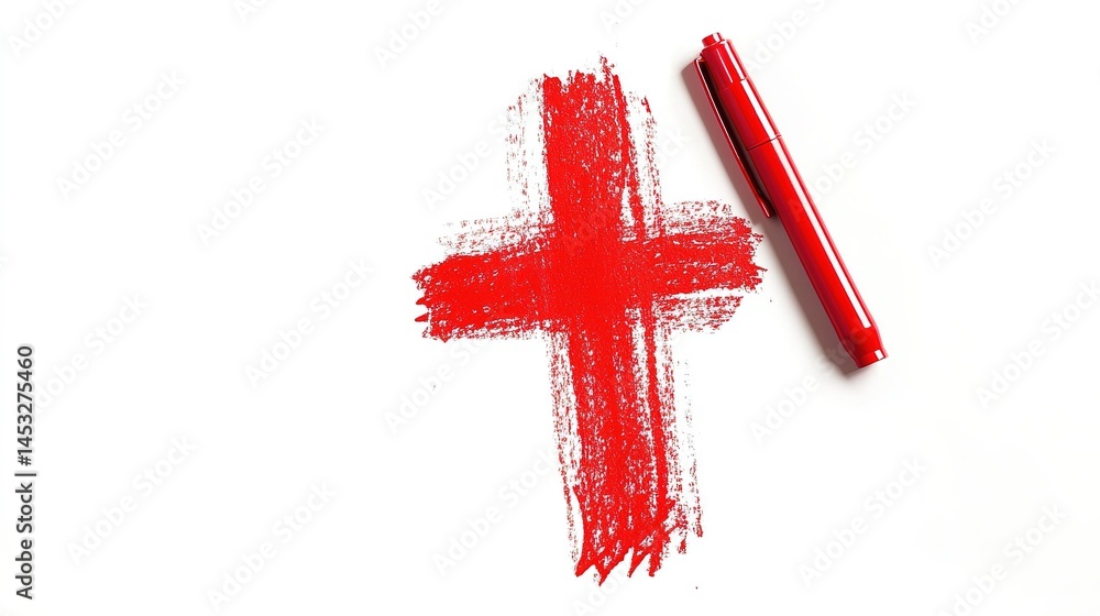 Obraz premium Grunge Scribble Symbol Cross, Red Marker Isolated on White Background. Bold and Artistic Design Element