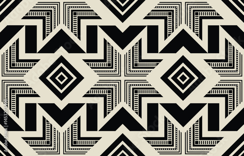 Ethnic tribal black and white background. Seamless tribal pattern, folk embroidery, tradition geometric  ornament. Traditional design for fabric, textile, print, rug, paper