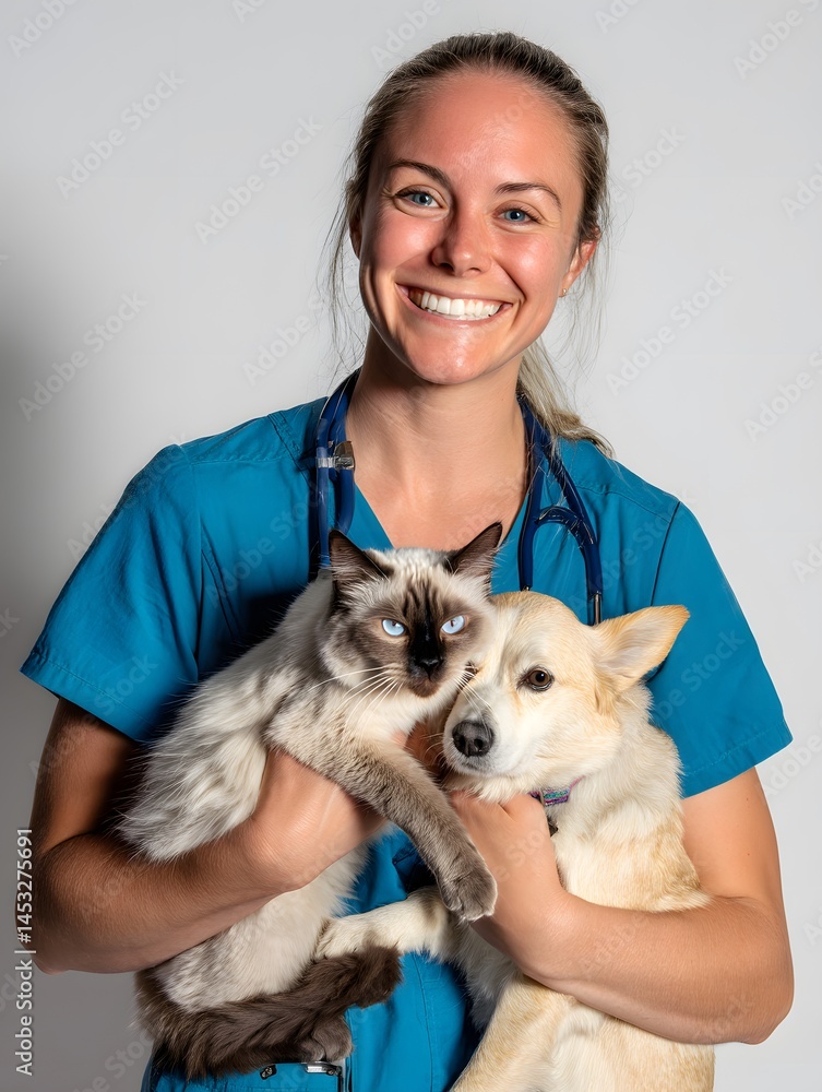 Smiling Veterinarian Holding a Cat and Dog in a Professional Setting Smiling Veterinarian Holding a Cat and Dog in a Professional Setting