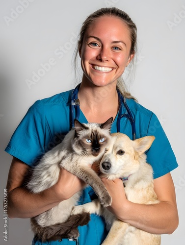Smiling Veterinarian Holding a Cat and Dog in a Professional Setting