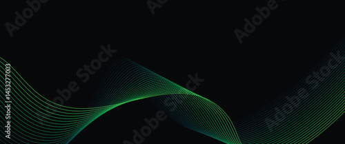 Vector abstract light lines wavy flowing dynamic in green and blue colors isolated on black background.