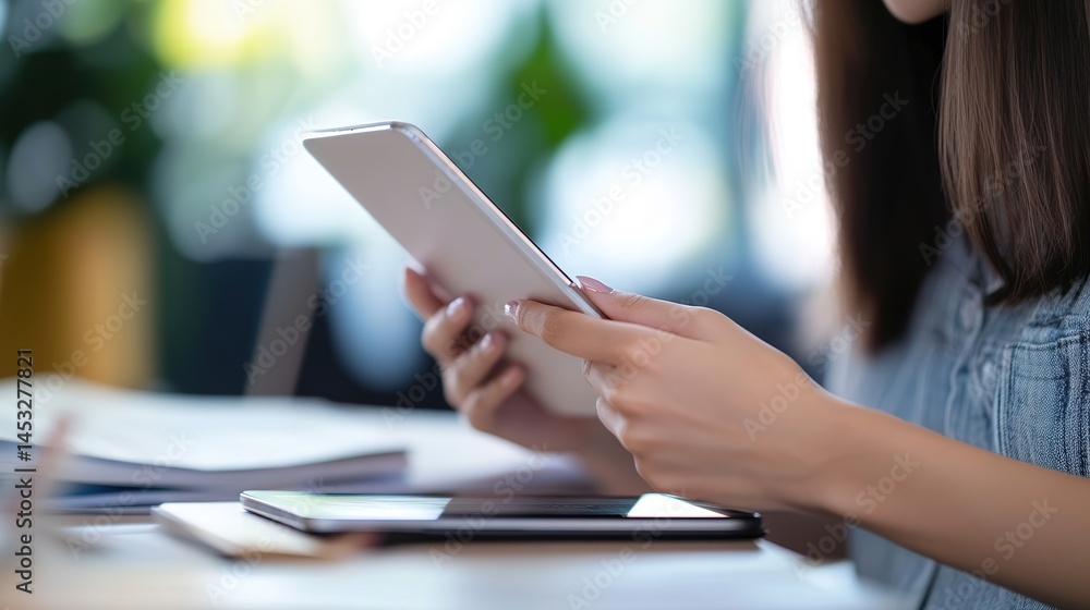 Fototapeta premium Multitasking Business Woman Using Digital Tablet and Mobile Phone, Busy Working at Office. Closeup of Efficient Workflow and Student Online Studying via Tablet PC on Table
