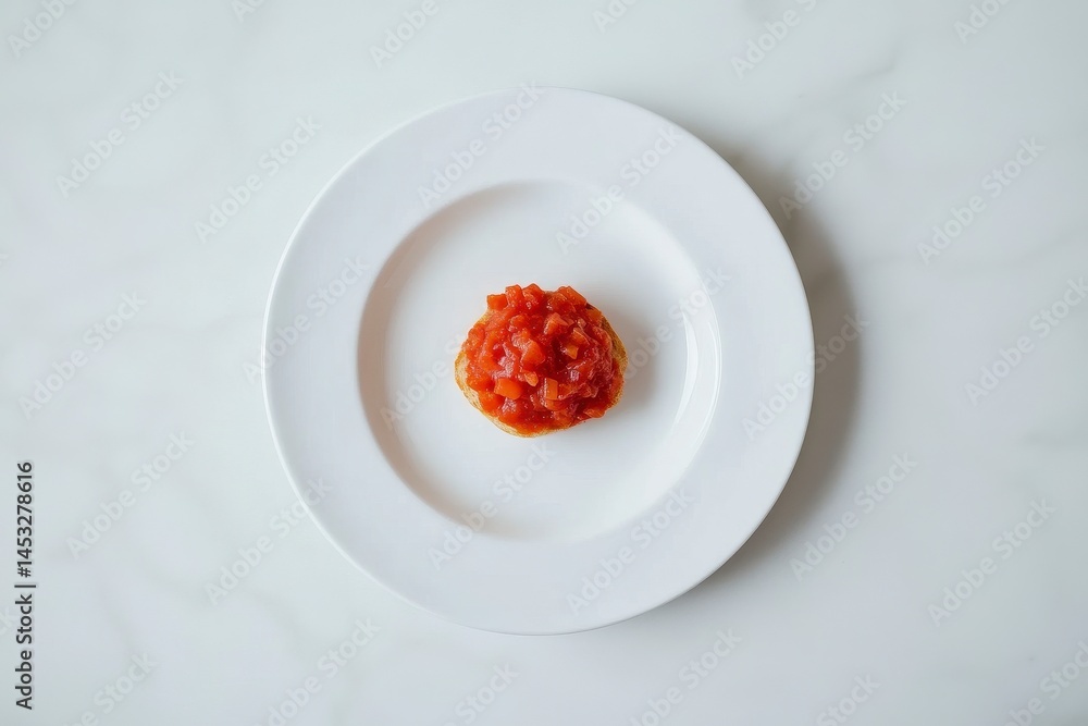 Overhead Shot of Round Pastry with Red Sauce on White Plate Overhead Shot of Round Pastry with Red Sauce on White Plate