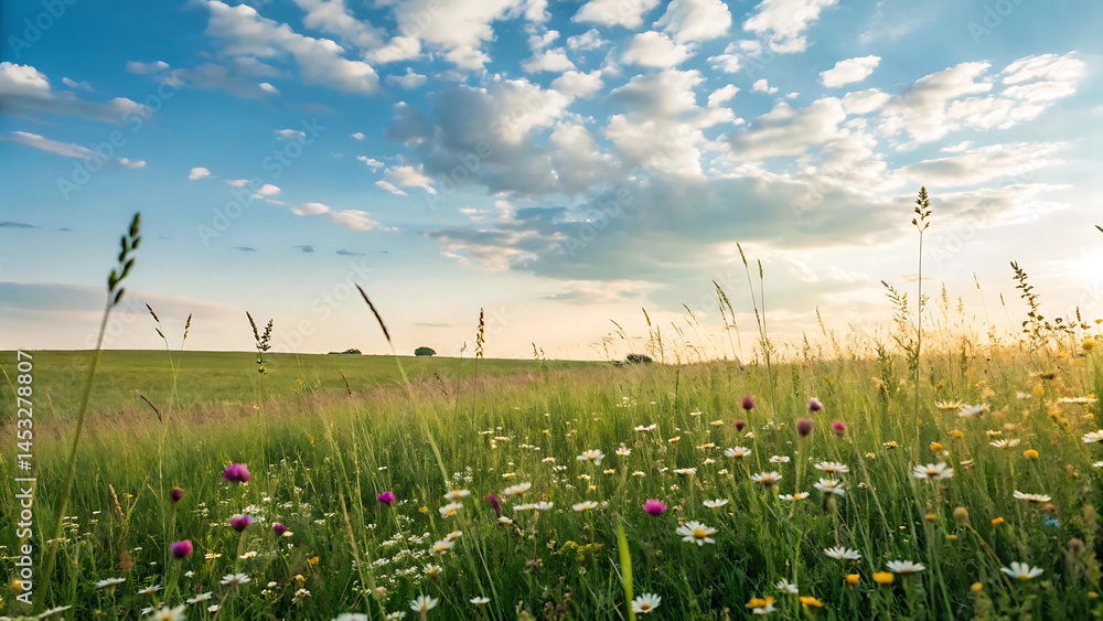 Fototapeta premium Serene Summer Meadow Wildflowers, Grass, and Golden Sunset