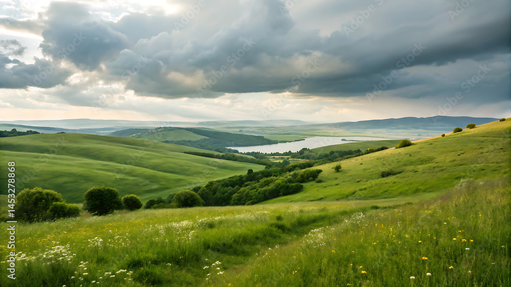 Obraz premium Serene Rolling Hills Landscape Dramatic Sky Over Lush Green Valley