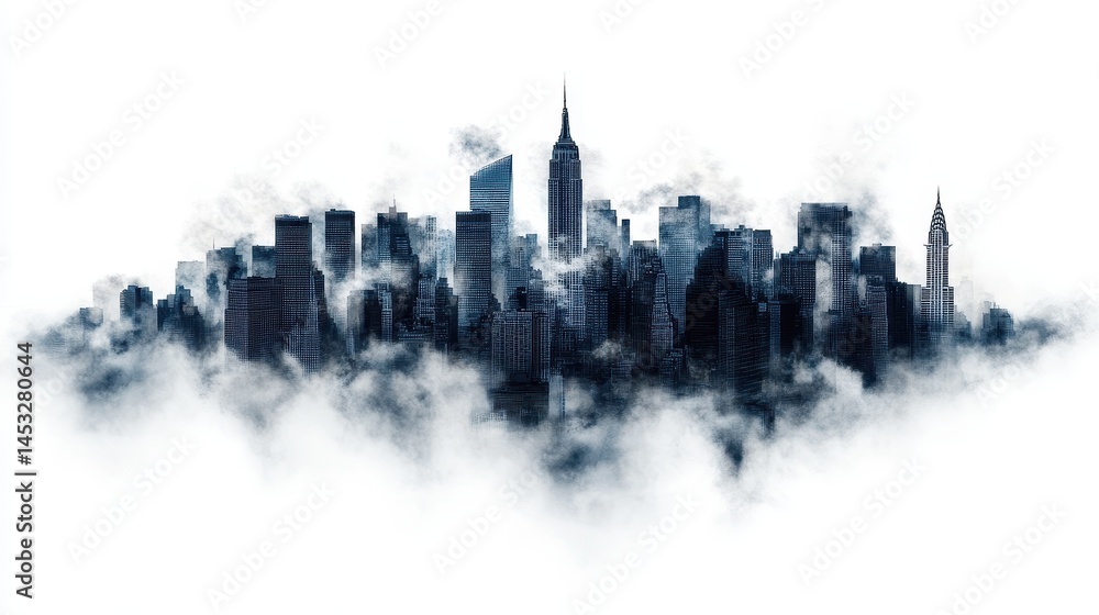 Obraz premium A stunning skyline emerging from mist, showcasing towering buildings and urban elegance.
