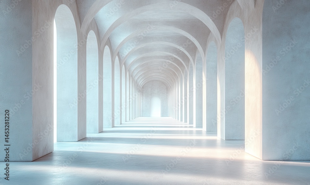 Empty, light-filled architectural hallway with arched ceilings. Empty, light-filled architectural hallway with arched ceilings.