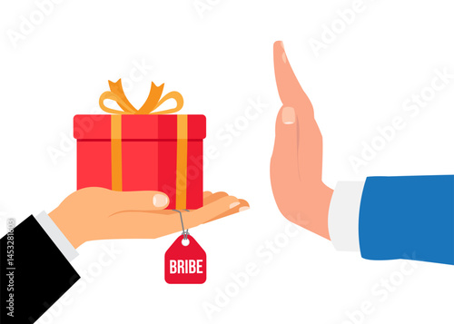 Hand refusing bribe gift. Person rejecting an unsolicited unwanted bribery present. Deception, stop scam. stock illustration