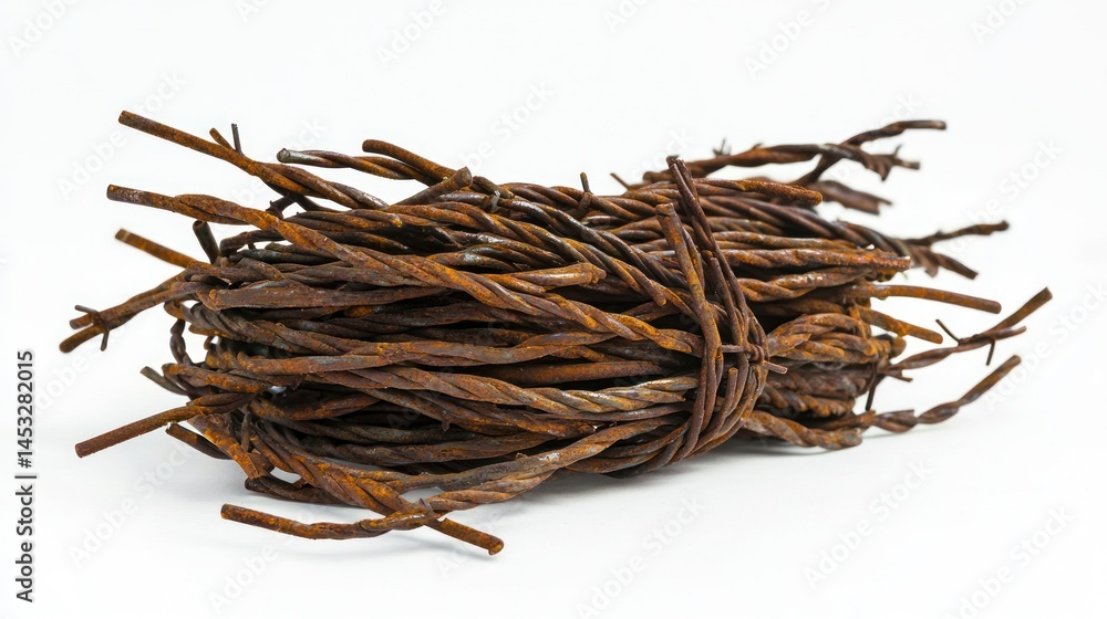 Fototapeta premium Thick barbed wire twisted with smaller wires on white background.