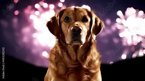 Adorable Golden Retriever watches a colorful fireworks display in the night sky looking attentively at the camera