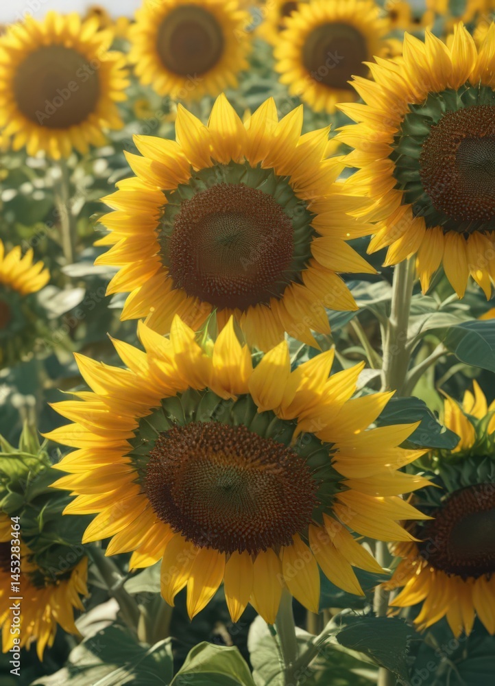 Fototapeta premium Sunlit sea of sunflowers, close-up view of flower heads , natural, sunflowers bloom