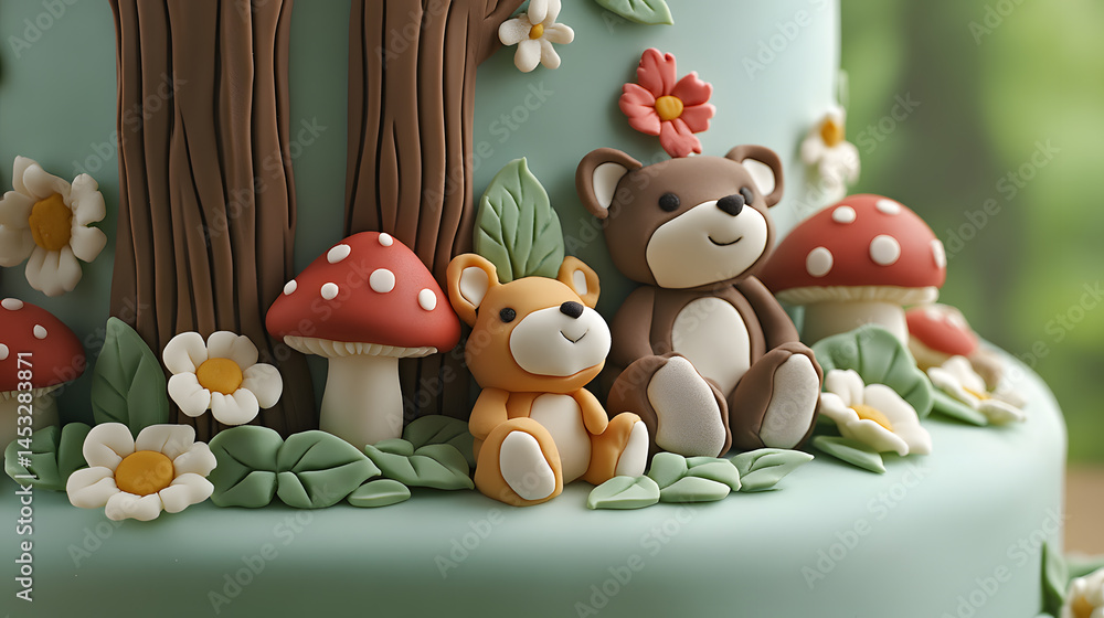 Fototapeta premium Adorable fondant teddy bears and mushrooms adorn this whimsical woodland-themed cake. Perfect for a baby shower or birthday celebration.
