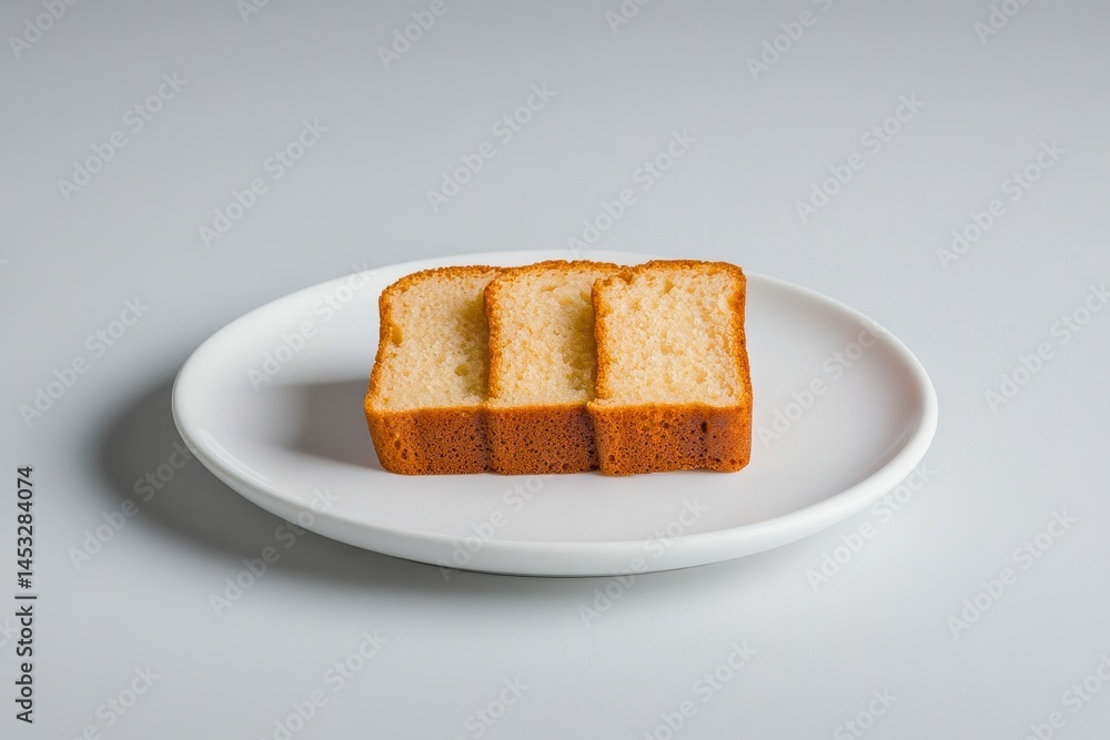 Three Slices of Light Brown Pound Cake on White Plate Three Slices of Light Brown Pound Cake on White Plate