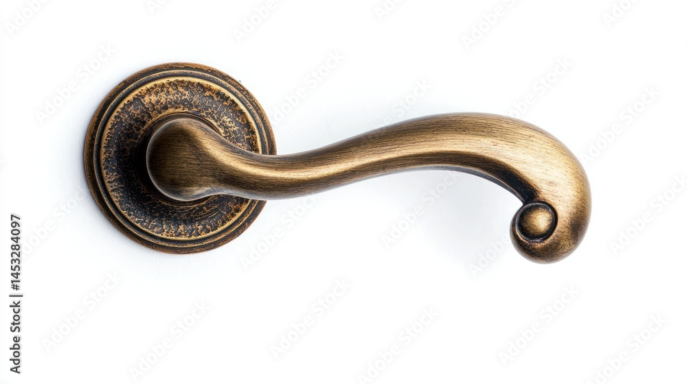 Obraz premium Traditional brass door handle with a curved lever and round keyhole, on white background