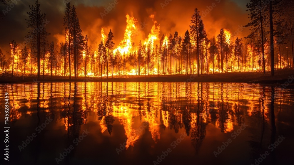 Obraz premium Fire in Forest: A powerful image of a forest fire with flames devouring trees, their reflections mirroring in a tranquil body of water, symbolizing both destruction and resilience.