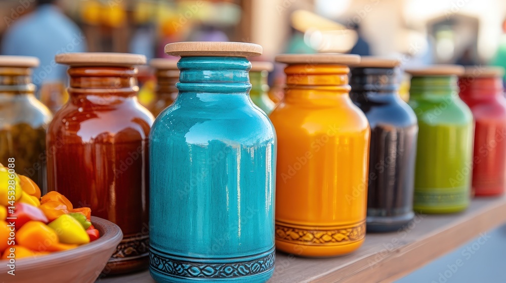 Colorful ceramic jars with wooden lids are neatly arranged on a wooden table, creating a vibrant and decorative display at an outdoor market. Colorful ceramic jars with wooden lids are neatly arranged on a wooden table, creating a vibrant and decorative display at an outdoor market.