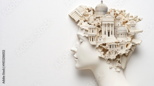 A white sculpture of a human head with classical buildings emerging from the top, blending architecture and imagination.