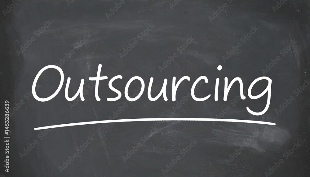 Fototapeta premium Outsourcing written on a chalkboard in white chalk with underline graphic.