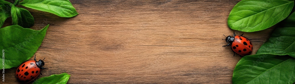 Fototapeta premium A ladybug is on a leaf next to a wooden background