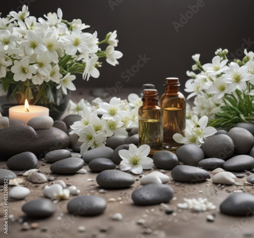 Delicate white flowers arranged with polished pebbles & essential oil bottles, spa ambiance, self care, organic, decor