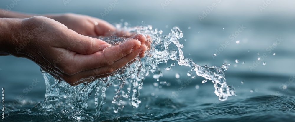 Fototapeta premium Hands Holding Water, Freshness, Purity, and Clarity with Fluid Motion and Natural Resources