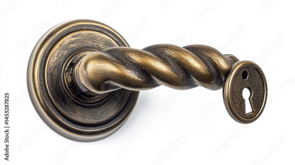 Obraz premium Twisted handle antique bronze door knob with a matching keyhole, on white background