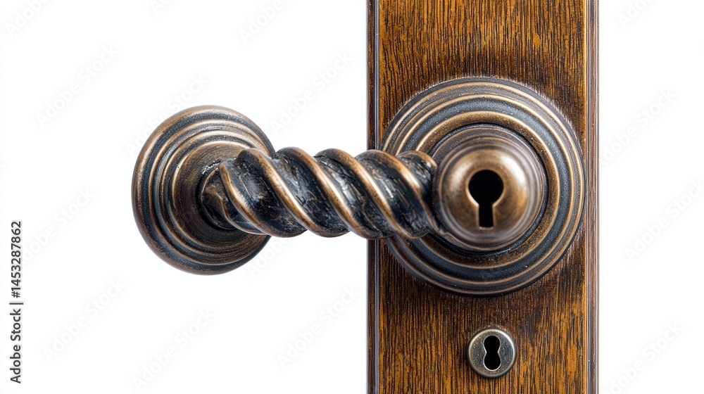 Fototapeta premium Twisted handle antique bronze door knob with a matching keyhole, on white background