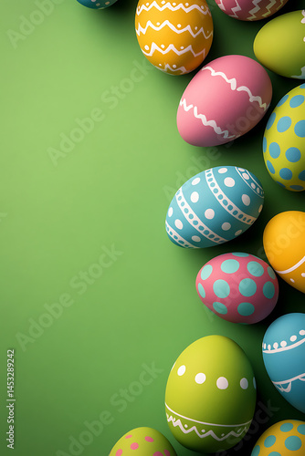 Colorful Easter eggs arranged on a vibrant green background, creating a festive atmosphere
