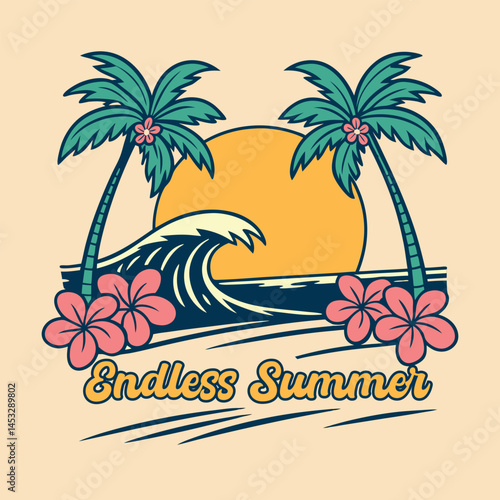 Summer T shirt Design Endless Summer Tropical Sunset Scene with Palm Trees and Ocean Wave