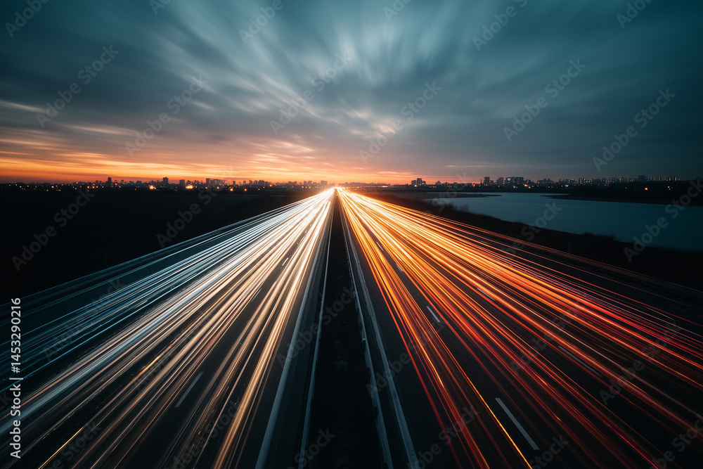 Obraz premium Highway Traffic at Dusk with Light Trails from Moving Cars