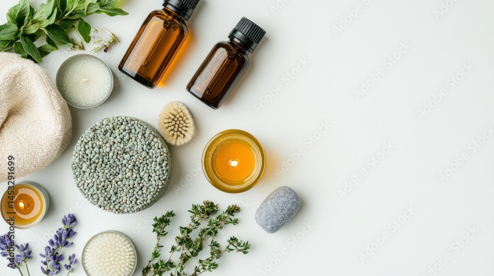 Wellness flat lay with herbal oils, candles, and pumice stone on white background. Wellness flat lay with herbal oils, candles, and pumice stone on white background.