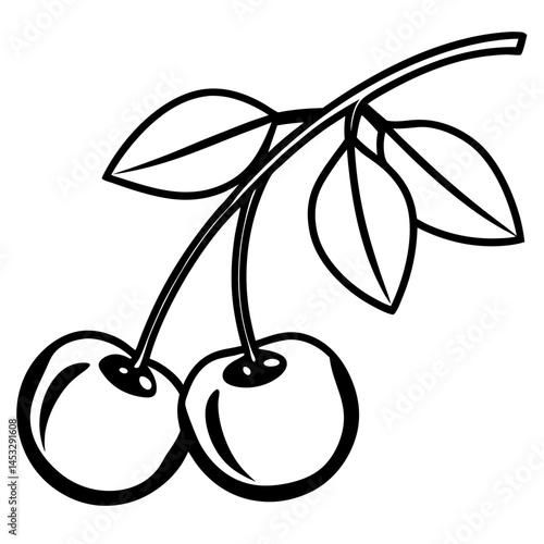 Black Cherry Branch Vector - Vintage-style cherry branch design with leaves, perfect for nature, food, and botanical-themed illustrations