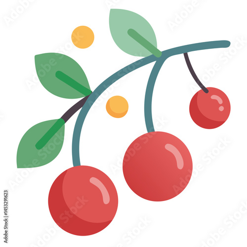 Cherry Branch with Fruits Vector - Colorful fruit branch design with cherries and leaves, perfect for nature, food, and seasonal-themed illustrations