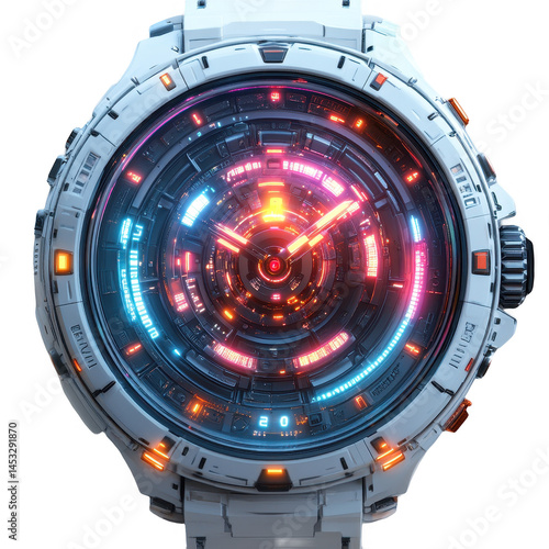 Futuristic cyber watch time technology wrist accessory digital display art on transparent background