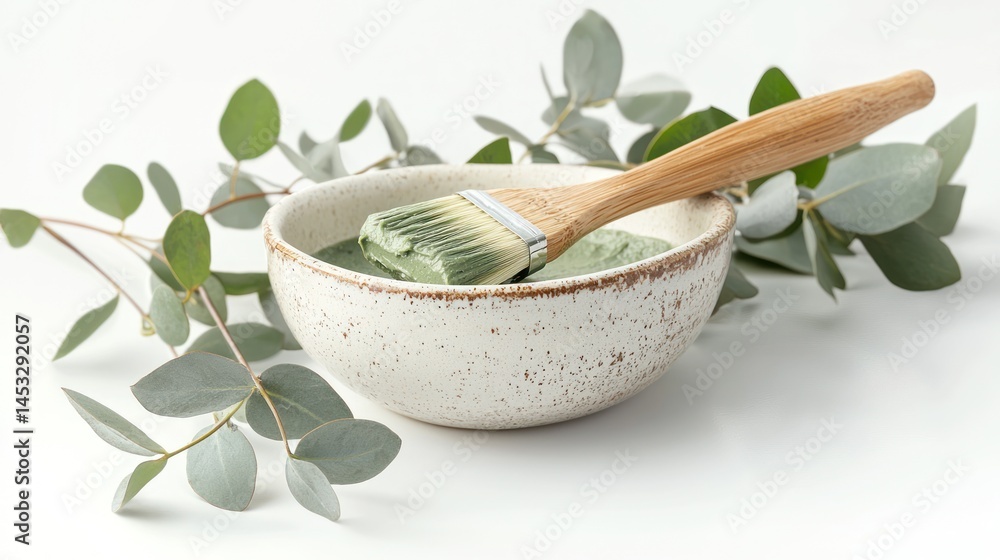 White ceramic bowl with green clay face mask, brush, and eucalyptus leaves on white background. White ceramic bowl with green clay face mask, brush, and eucalyptus leaves on white background.