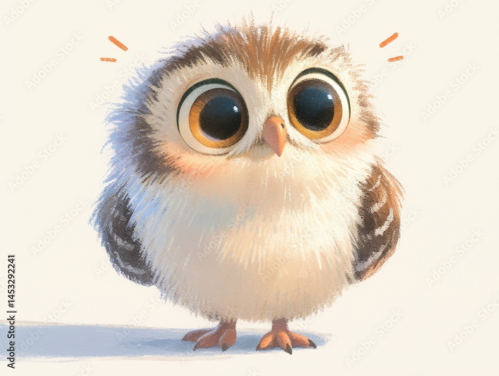 Adorable, round owl with huge eyes stands softly in a cute animated style Adorable, round owl with huge eyes stands softly in a cute animated style