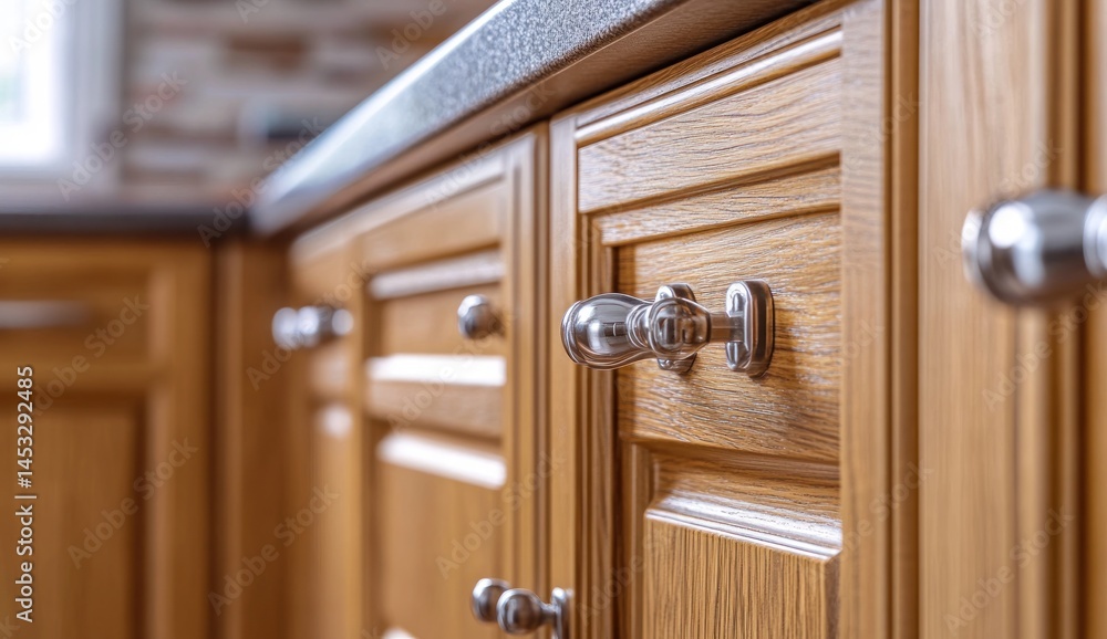 Fototapeta premium Elegant Kitchen Cabinetry: Close-up of Luxurious Wooden Cabinets with Polished Metal Hardware