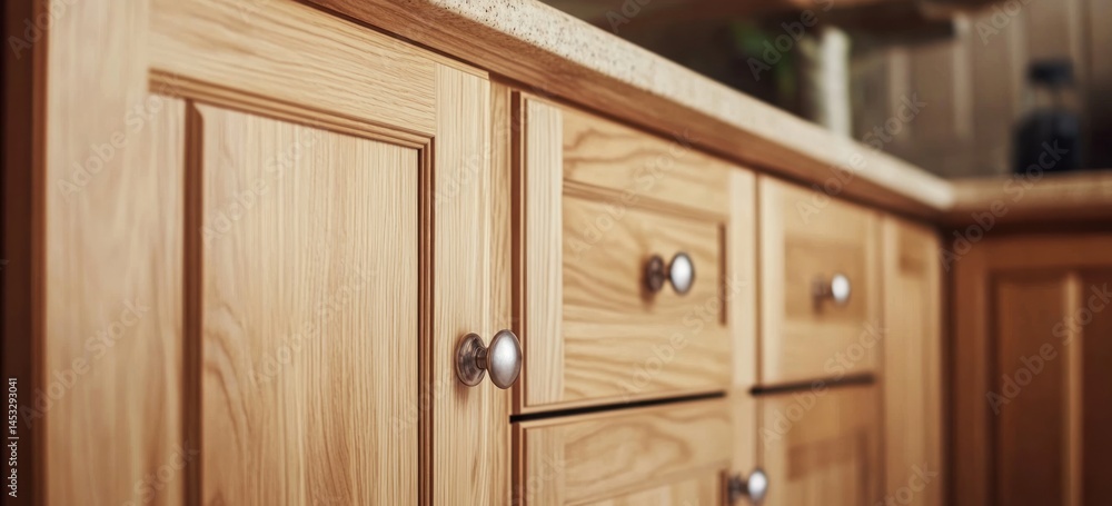 Close-up of Exquisite Oak Kitchen Cabinets Close-up of Exquisite Oak Kitchen Cabinets