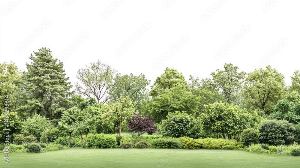 Obraz premium Wide-angle shot of an expansive park with various tree species and shrubs on white background