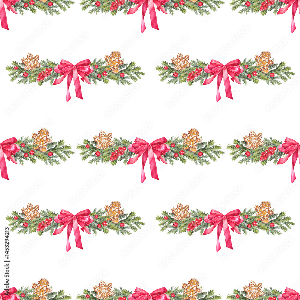 Naklejka premium Watercolor seamless pattern with Christmas tree branch and gingerbread man and berry and red bow on white background. Forest for card. Hand-drawn art for New Year celebration wallpaper or wrapping