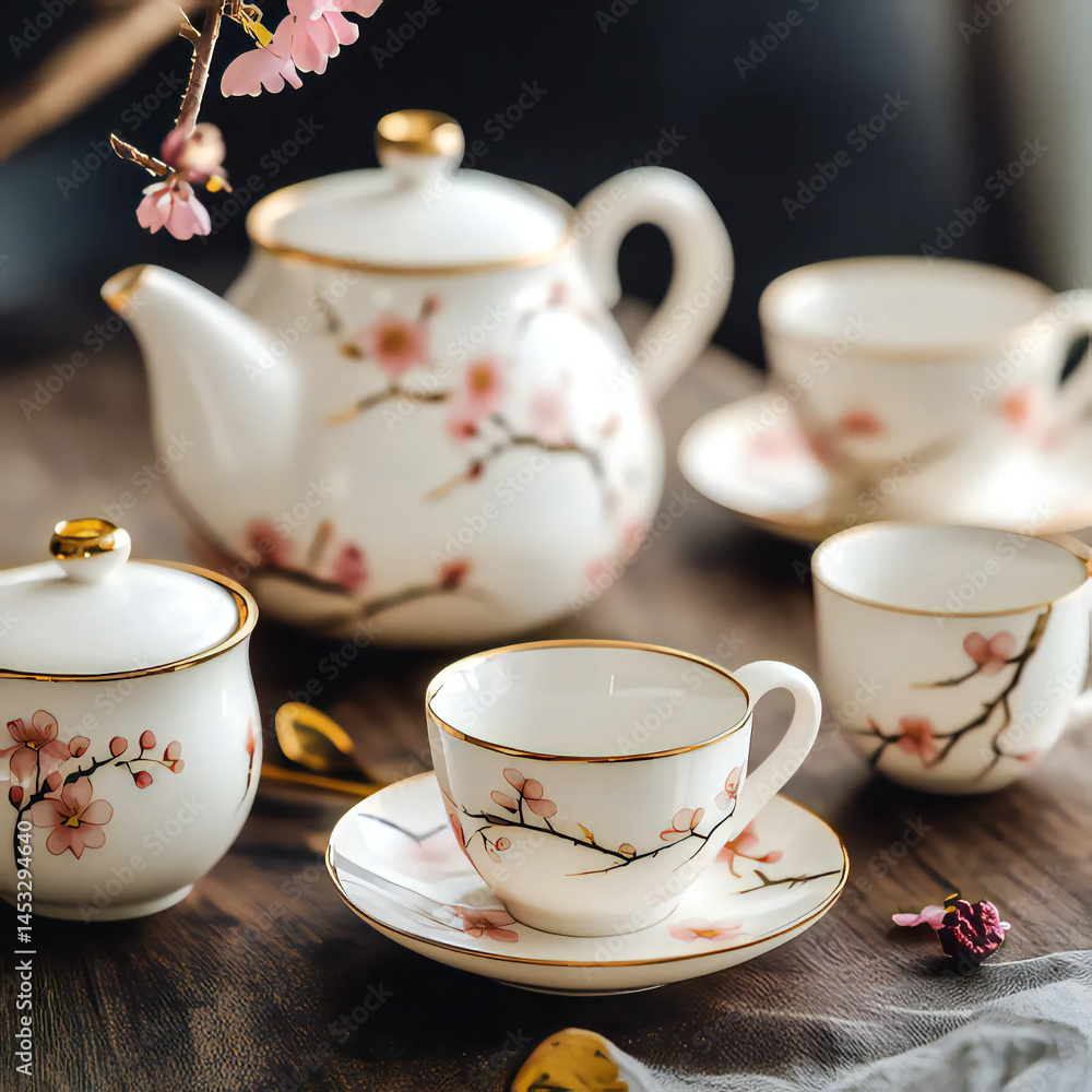 Fototapeta premium Full Set Advanced Bone China Blossom white color Coffee Set Porcelain Tea Cups Mugs Ceramic Pot Jug Jar Cup Saucer Set Drinkware For Gifts.