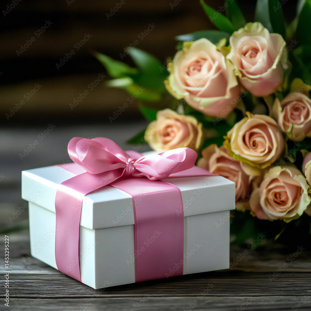 Gift box with a pink bow and light pink roses bouquet. Gift box with a pink bow and light pink roses bouquet.
