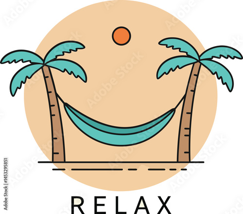 Relax concept hammock between two palm trees under sun vector illustration for leisure and calm lifestyle design 