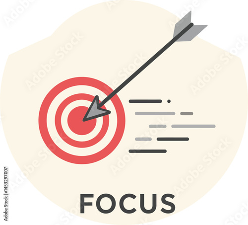 Focus concept with arrow hitting red target center for goal achievement vector illustration 