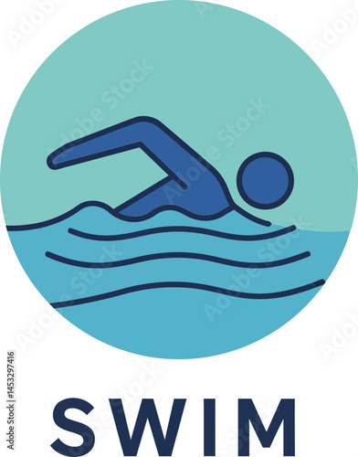 Swimming activity icon with swimmer silhouette and water waves in blue and teal circle background for water sports and leisure vector illustration 